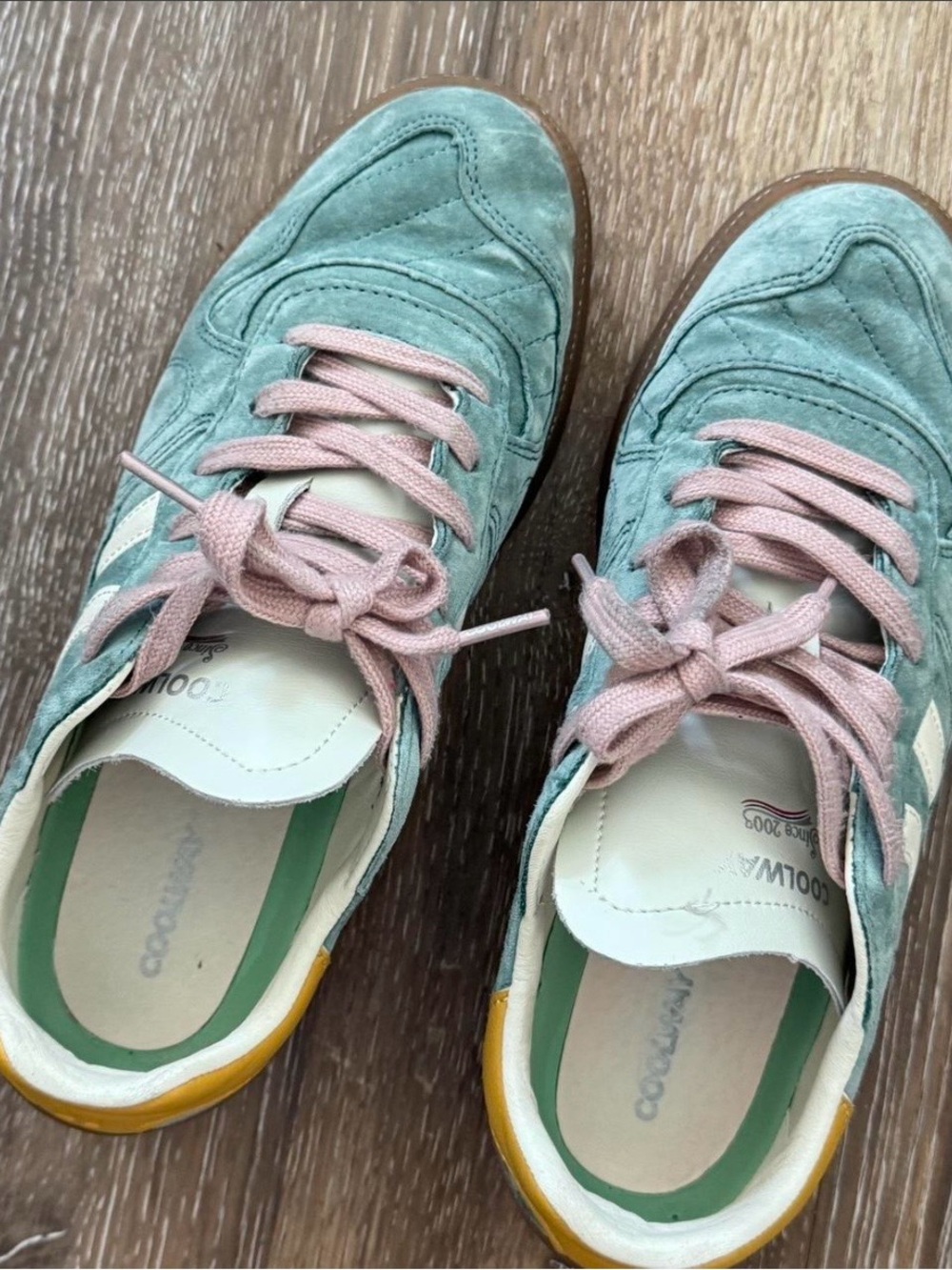 Coolway Mint Green Suede Sneakers with Pink Laces and Yellow Heel